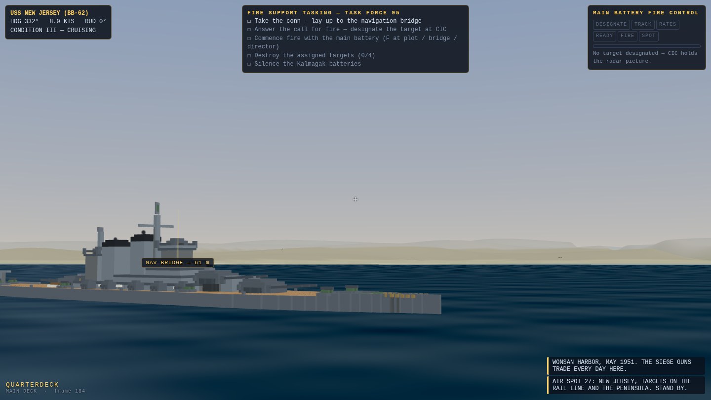 The voxel New Jersey off Wonsan harbor, the bare brown Kalma ridges rising beyond the anchorage
