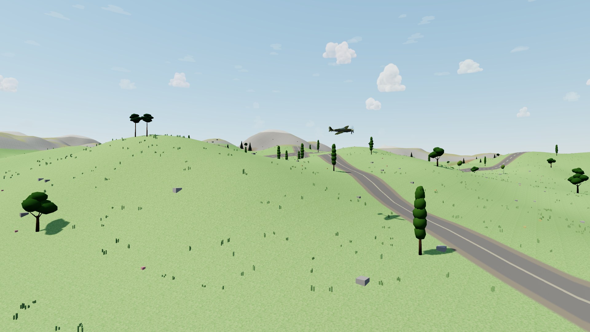 A crimson Spitfire skimming the island hills above a country road lined with tall poplars, a broad oak throwing its shadow across the meadow in the foreground and two umbrella-crowned pines on the hilltop behind