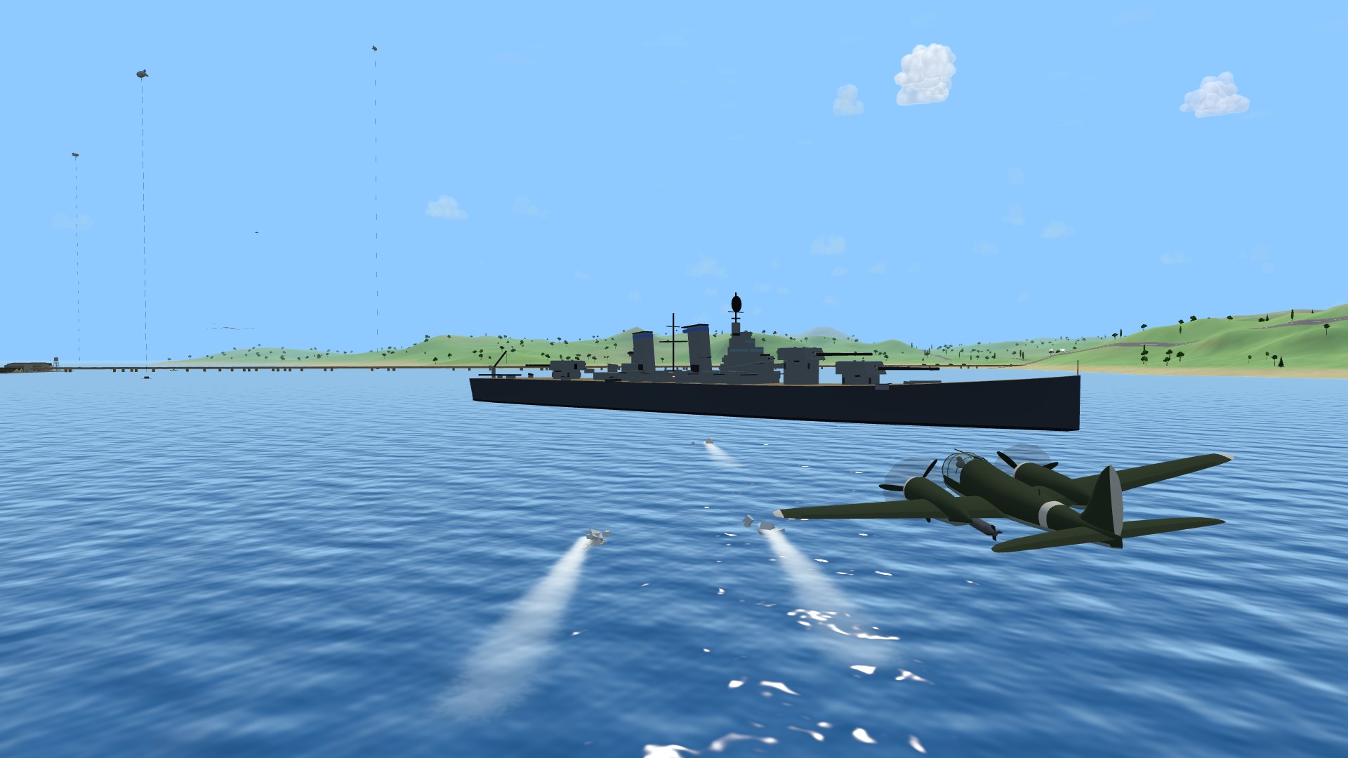 Two Ju 88 bombers low over the waves toward a battleship, three torpedo wakes running ahead of them across the sea