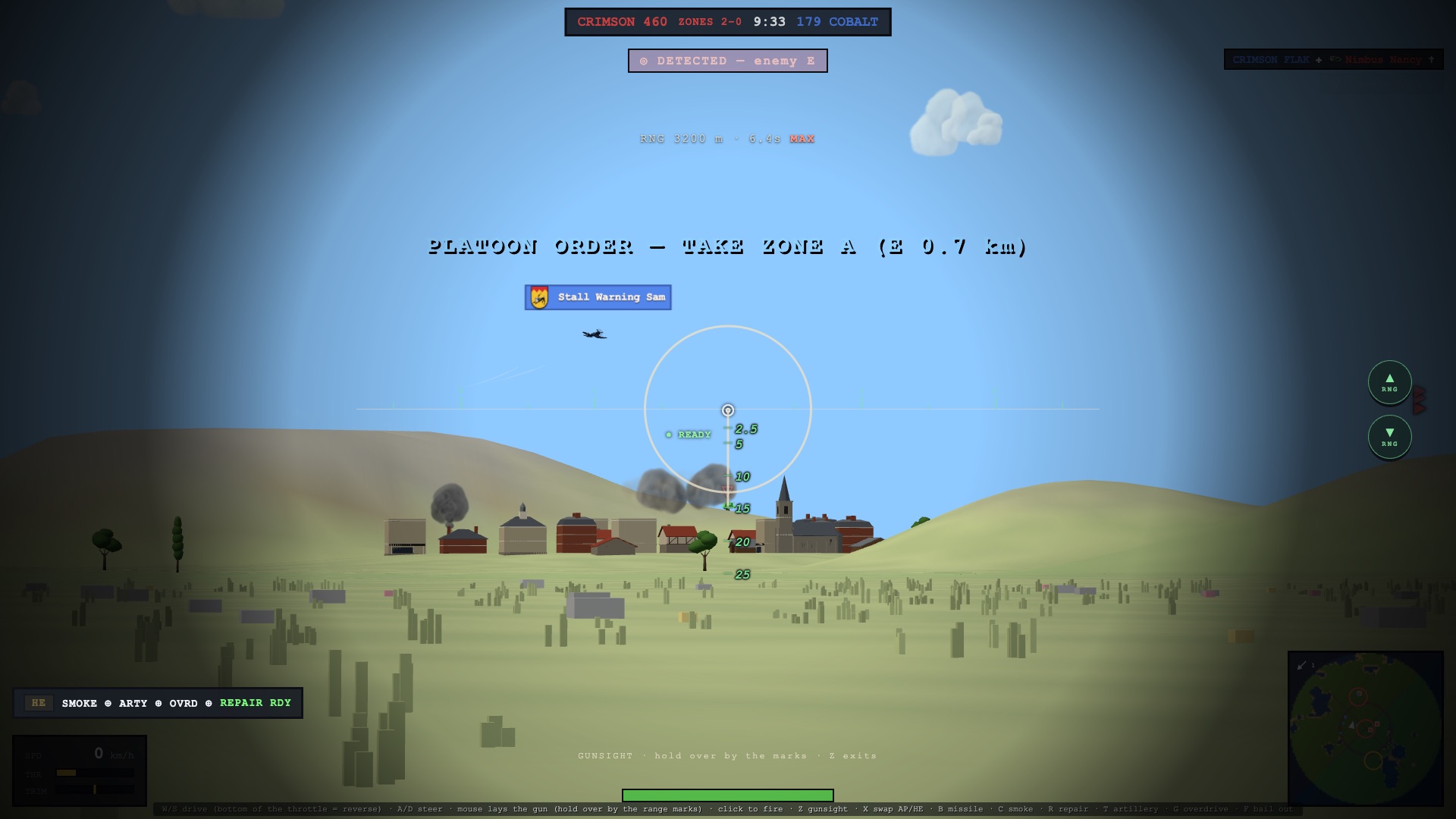 Through a MUTT's iron-ring gunsight: the crosshair held high in the sky over a brick market town a kilometre and a half off, and the ladder of range marks hanging under it, labelled 2.5, 5, 10, 15, 20, 25, with the 15 mark laid on the town