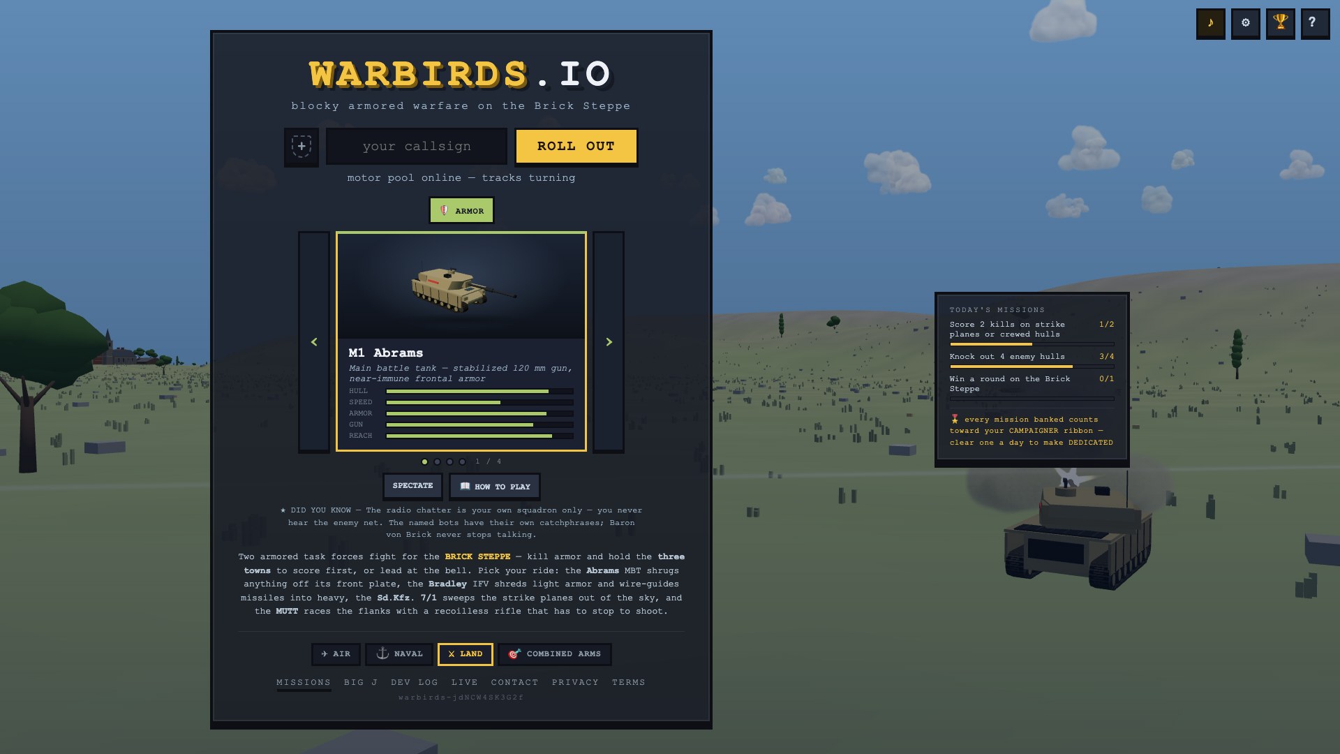 The land join screen with TODAY'S MISSIONS in a rail beside the vehicle picker: score 2 kills on strike planes or crewed hulls at 1 of 2, knock out 4 enemy hulls at 3 of 4, win a round on the Brick Steppe at 0 of 1, and a line promising each mission toward the CAMPAIGNER ribbon